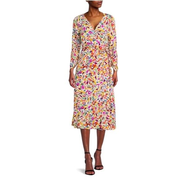 Beachlunchlounge Women's S Multicolor Wrap Midi Dress V-Neck Casual - Picture 1 of 9